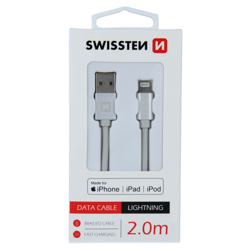 Textilný dátový kábel Swissten USB / LIGHTNING MFi 2,0 M  - strieborný